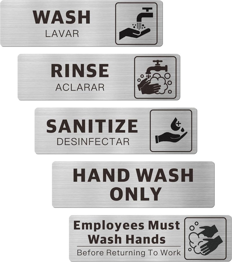 EliteSign 5PK Wash Rinse Sanitize Sink Labels, Hand Wash Only & Employees Must Wash Hands Signs, Bilingual Brushed Aluminum, Waterproof Peel and Stick for Commercial Kitchens Food Trucks, 7x2 Popular Styles - Image 1